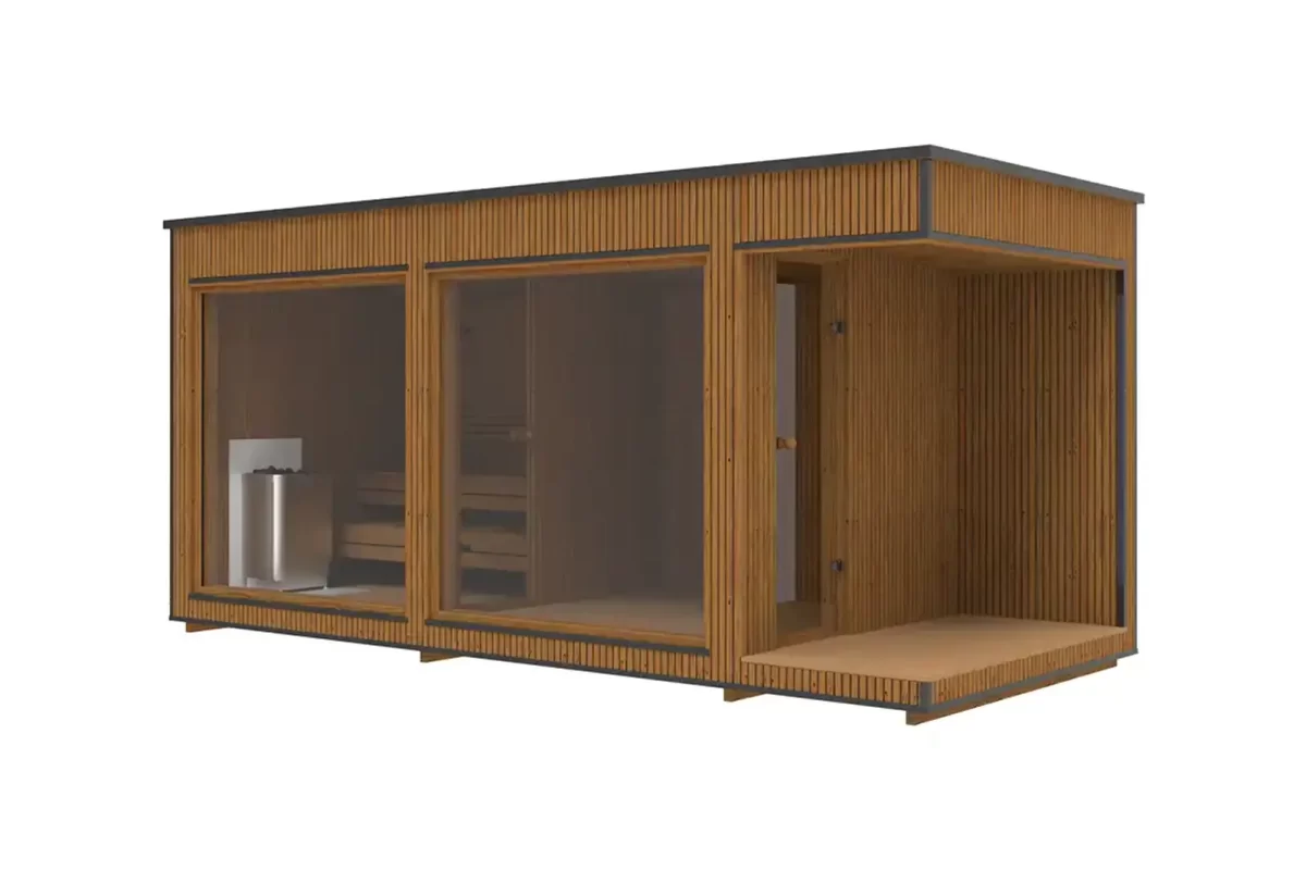 Buitensauna Panorama Thermowood 3.40 x 2.30 m + omkleedruimte+ veranda - Afbeelding 3
