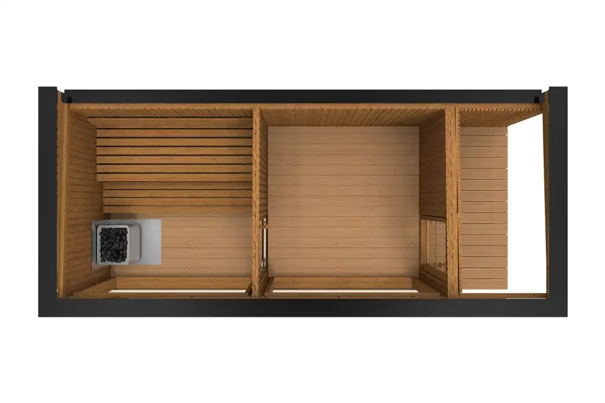 Buitensauna Panorama Thermowood 3.40 x 2.30 m + omkleedruimte+ veranda - Afbeelding 4